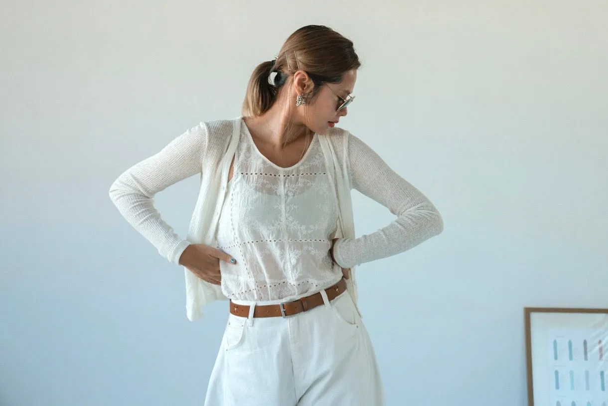 ( IVORY / BLACK ) SEMI SHEER RIB KNIT CARDIGAN 🌟BEST BUY🌟