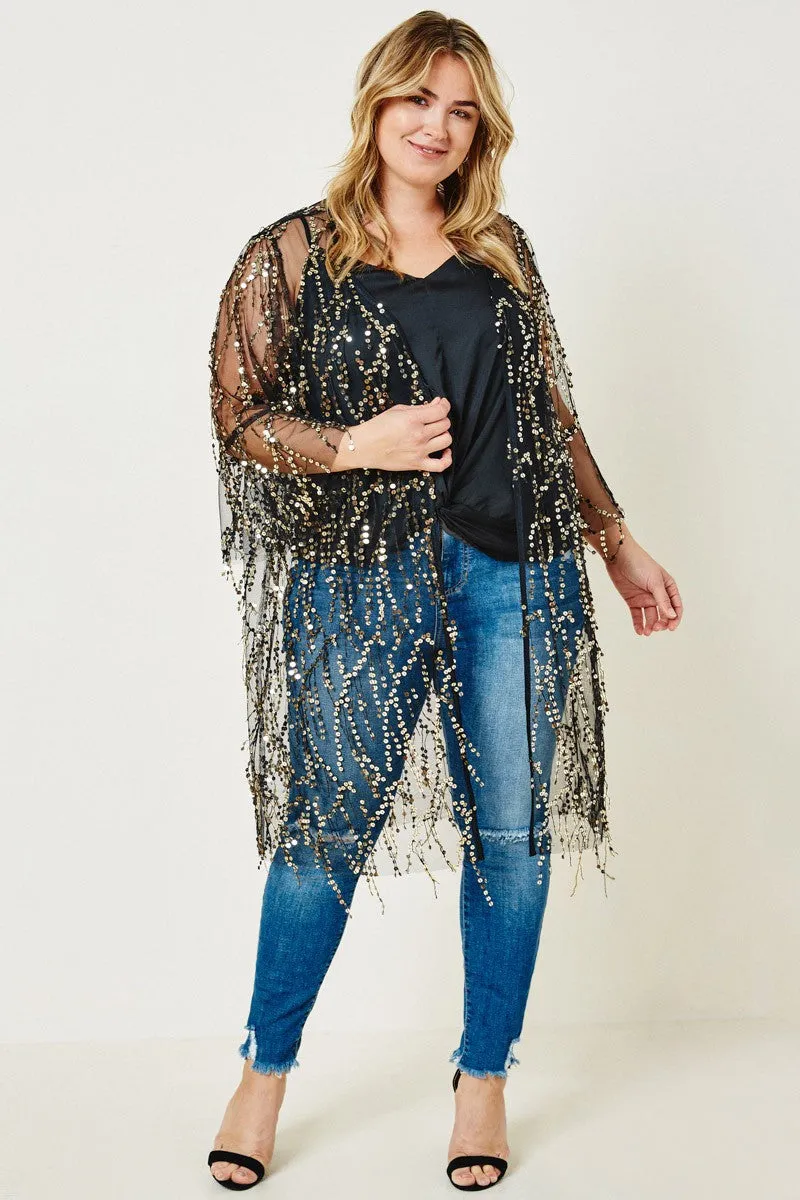 1-89 OT {Glitzy Time} Black Sheer Long Cardigan w/Sequins PLUS SIZE 1X 2X 3X