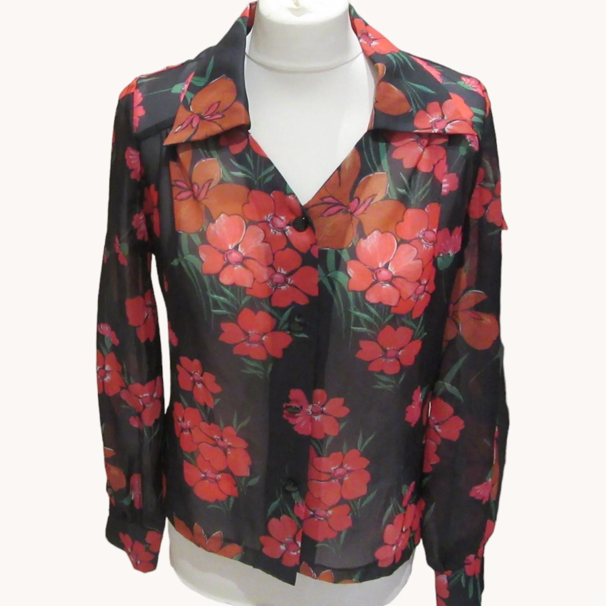 1970s Sheer Floral Blouse M