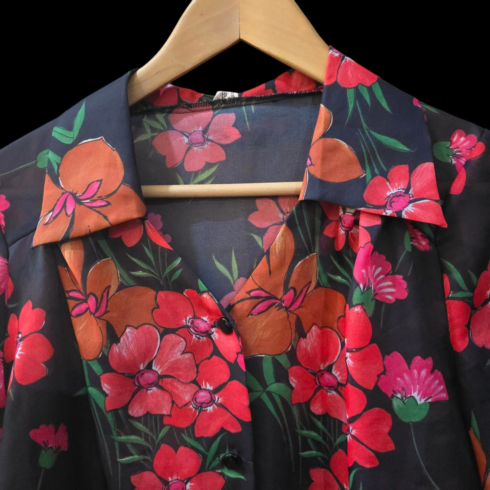 1970s Sheer Floral Blouse M