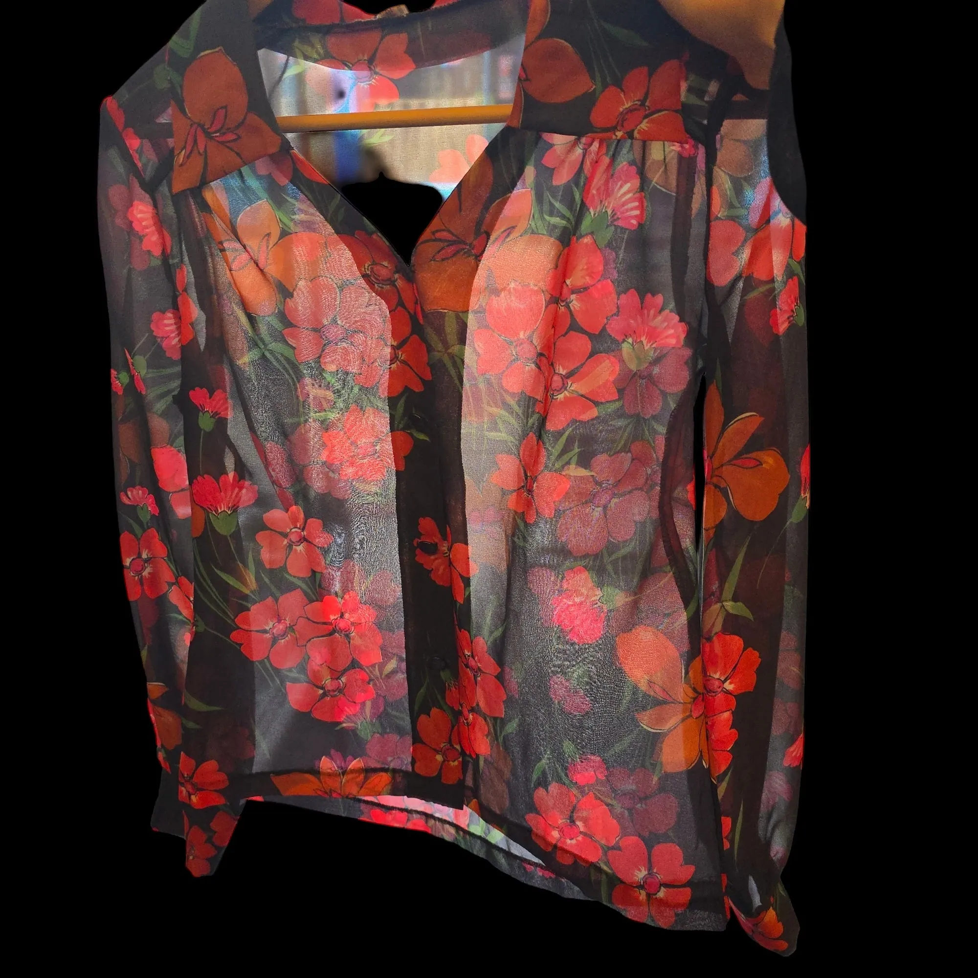 1970s Sheer Floral Blouse M