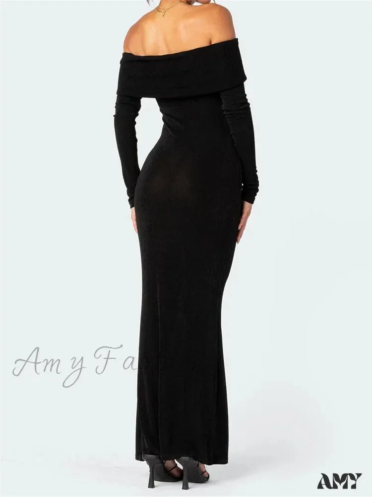 Amy Fashion - Elegant Women  Slash Neck Off Shoulder Bodycon Black Solid  Sleeve Party  Formal Female Vestidos