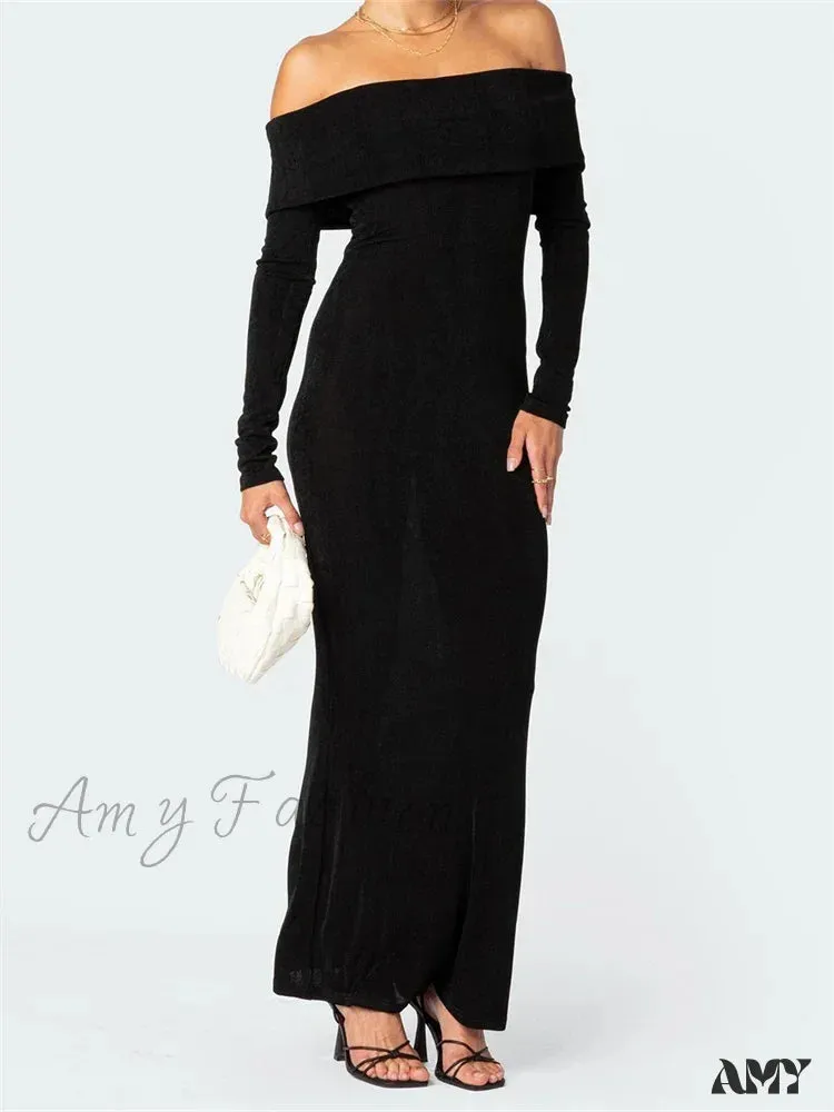 Amy Fashion - Elegant Women  Slash Neck Off Shoulder Bodycon Black Solid  Sleeve Party  Formal Female Vestidos