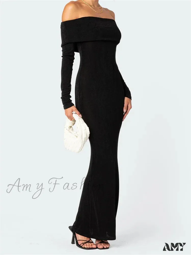Amy Fashion - Elegant Women  Slash Neck Off Shoulder Bodycon Black Solid  Sleeve Party  Formal Female Vestidos