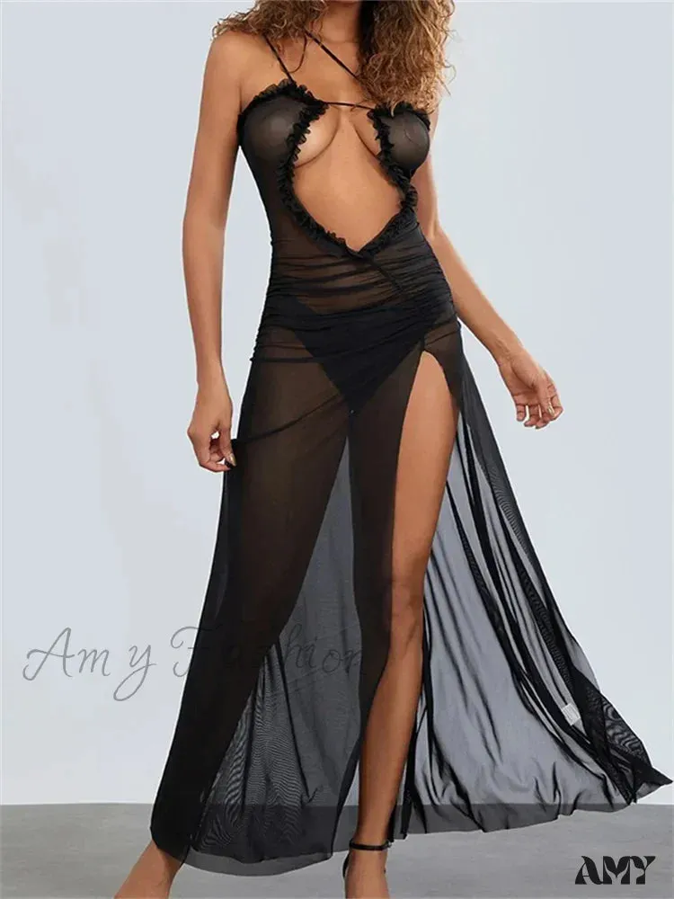 Amy Fashion - Mesh Sheer See Through  for Women Sexy Sleeveless Strap Ruffle Deep V-neck High Split Beach Cover Ups