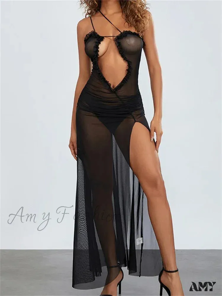 Amy Fashion - Mesh Sheer See Through  for Women Sexy Sleeveless Strap Ruffle Deep V-neck High Split Beach Cover Ups