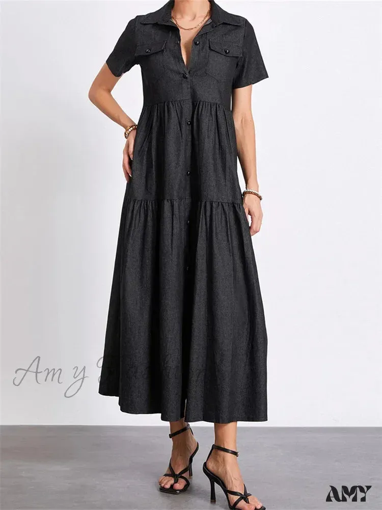 Amy Fashion - Women Denim  Short Sleeve Turn Down Collar Button Up Loose Casual Summer Party Female Vestidos