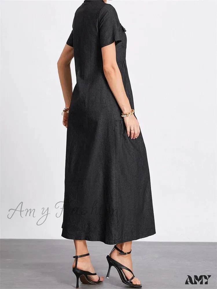 Amy Fashion - Women Denim  Short Sleeve Turn Down Collar Button Up Loose Casual Summer Party Female Vestidos