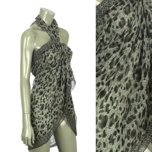 Beach Sarong Pareo Shawl Wrap Leopard N Border Black
