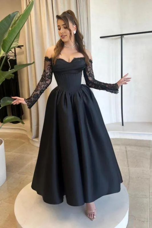 Black Off Shoulder Satin Evening Prom Dresses with Lace Sleeves