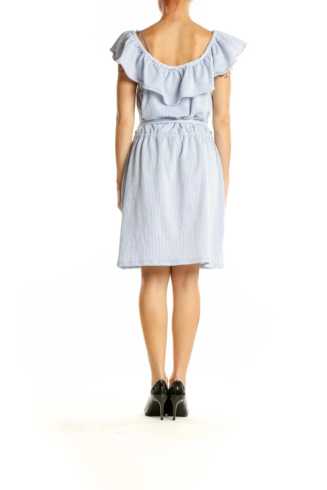Blue Striped Off-Shoulder Ruffle Dress