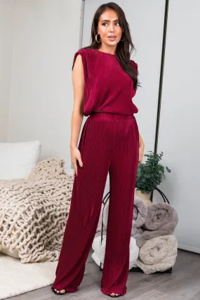 Burgundy Plisse Elastic Waistband Flowy Pants