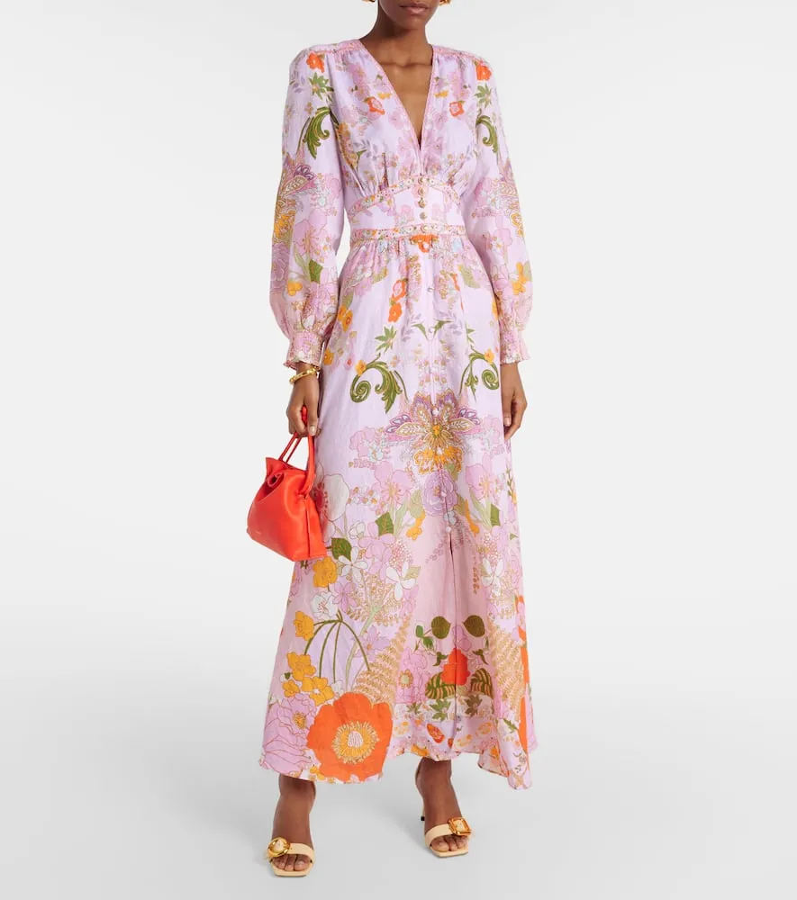 Camilla Embellished floral linen maxi dress