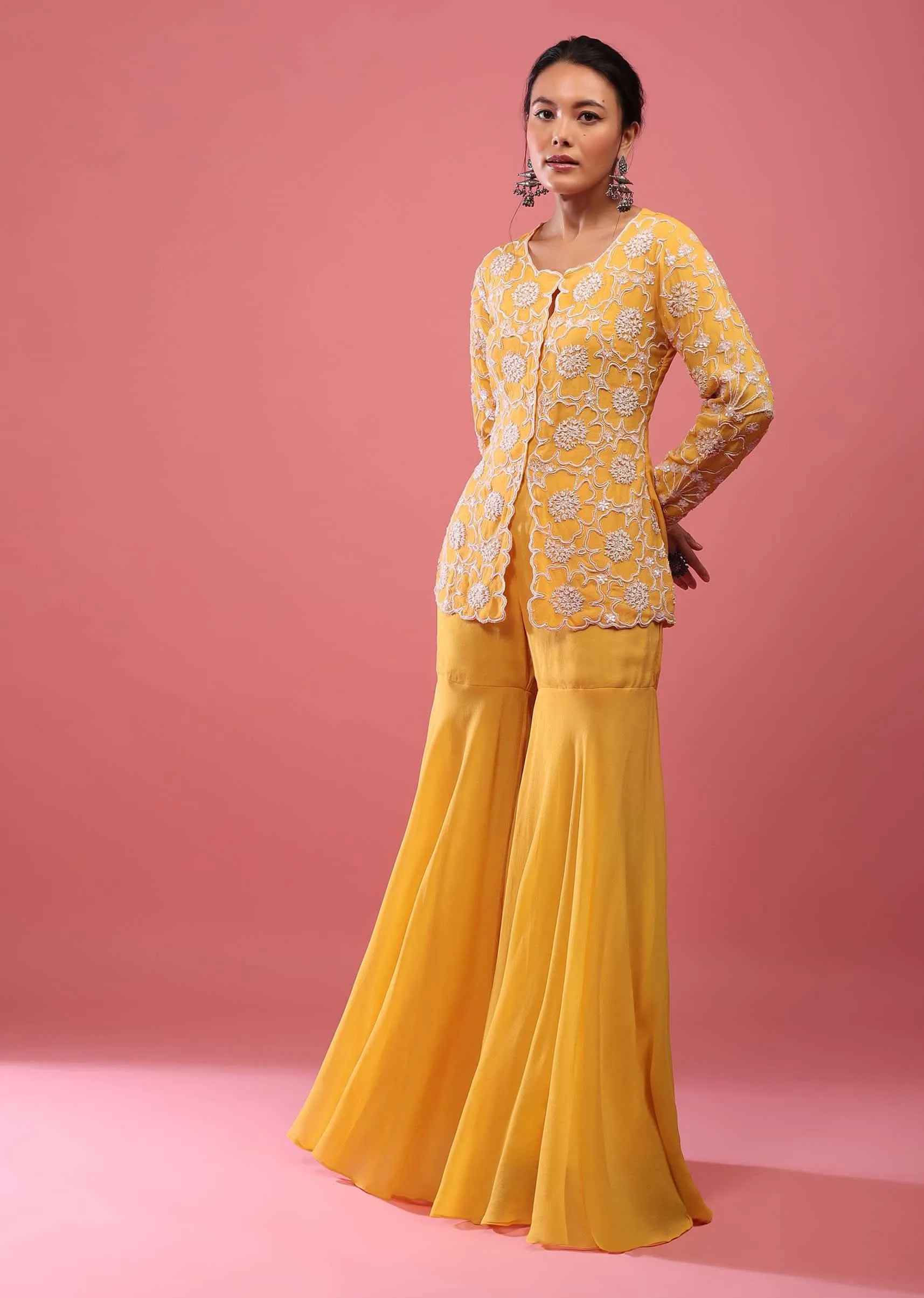 Chrome Yellow Sharara Suit In Georgette With Fully Embroidered Top And Flowy Pants