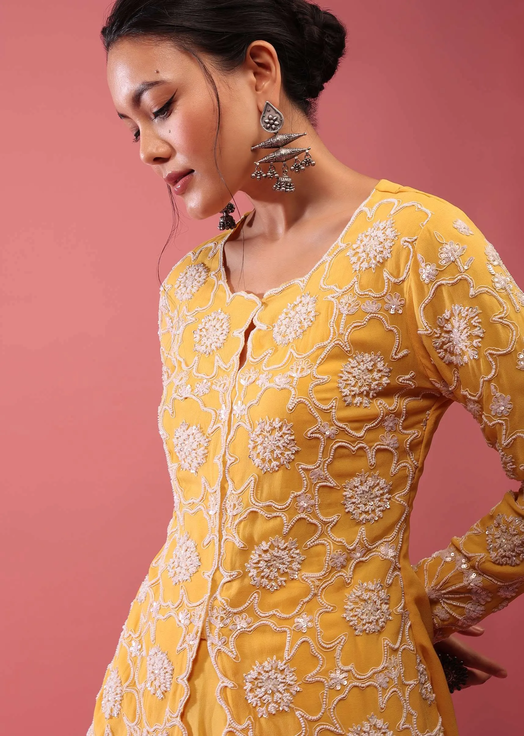 Chrome Yellow Sharara Suit In Georgette With Fully Embroidered Top And Flowy Pants