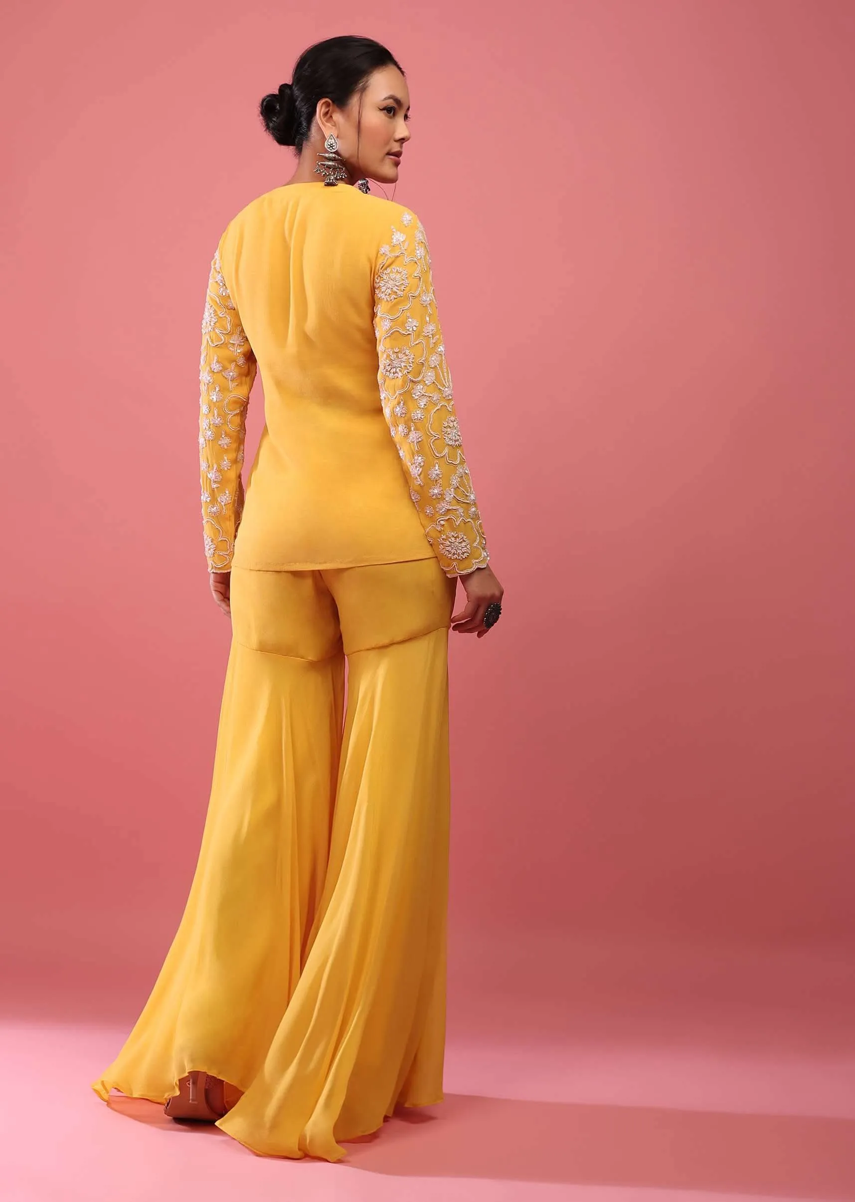 Chrome Yellow Sharara Suit In Georgette With Fully Embroidered Top And Flowy Pants