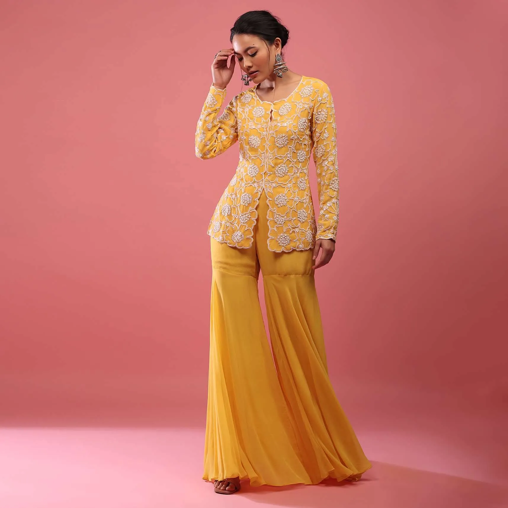 Chrome Yellow Sharara Suit In Georgette With Fully Embroidered Top And Flowy Pants