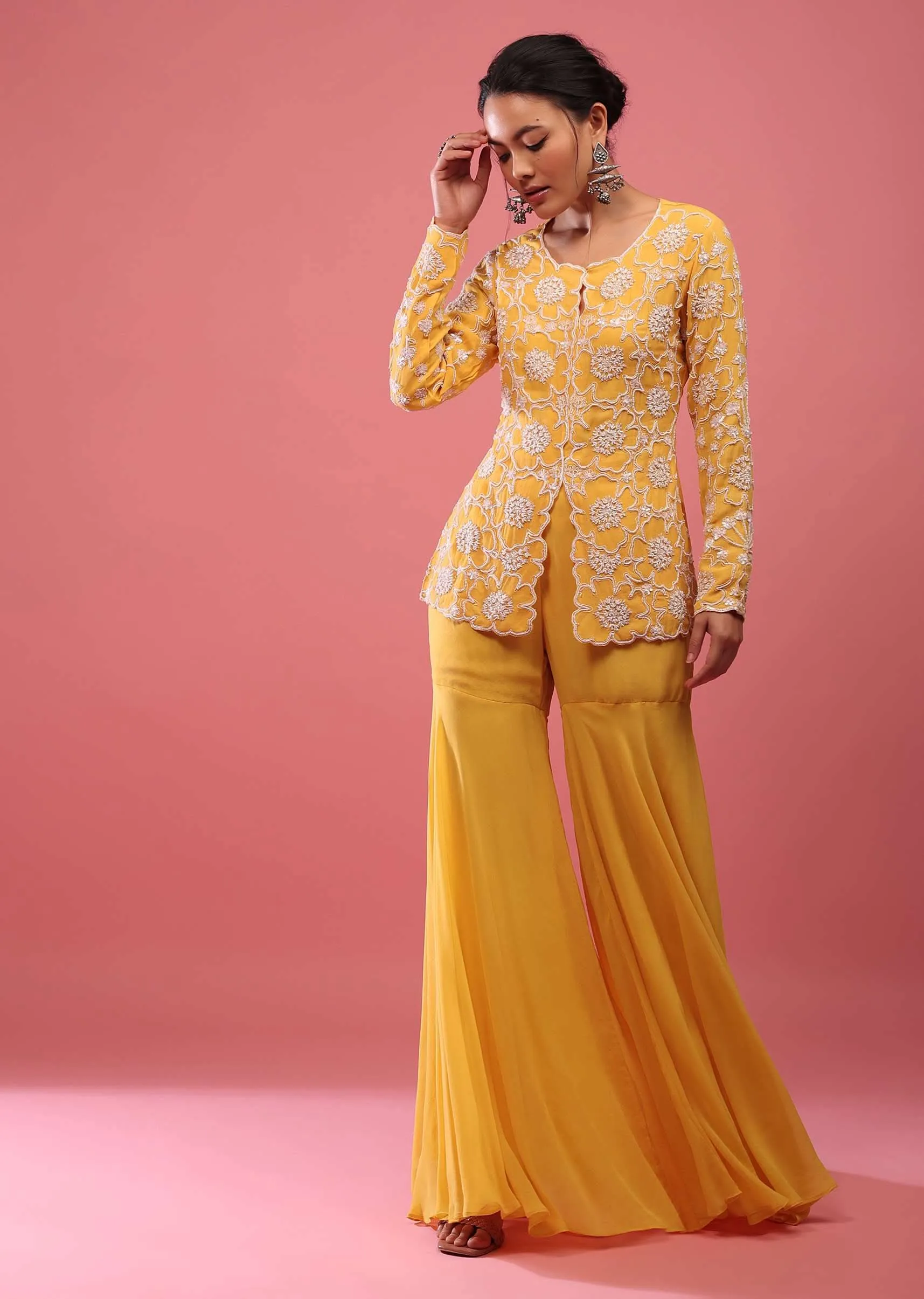 Chrome Yellow Sharara Suit In Georgette With Fully Embroidered Top And Flowy Pants