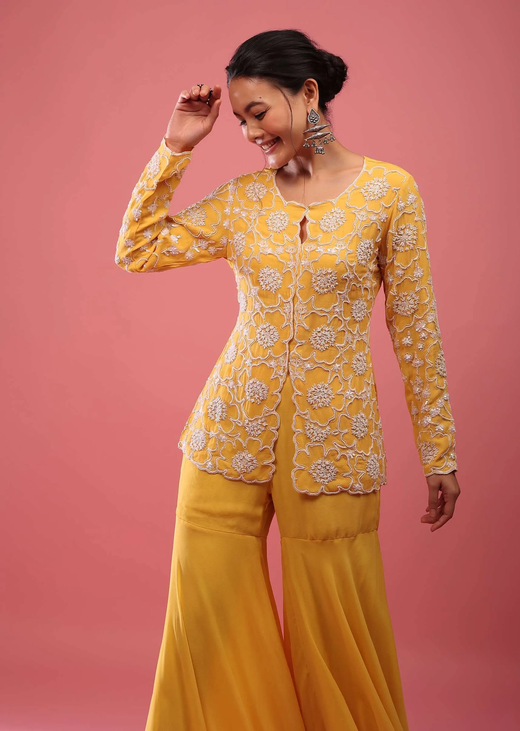 Chrome Yellow Sharara Suit In Georgette With Fully Embroidered Top And Flowy Pants