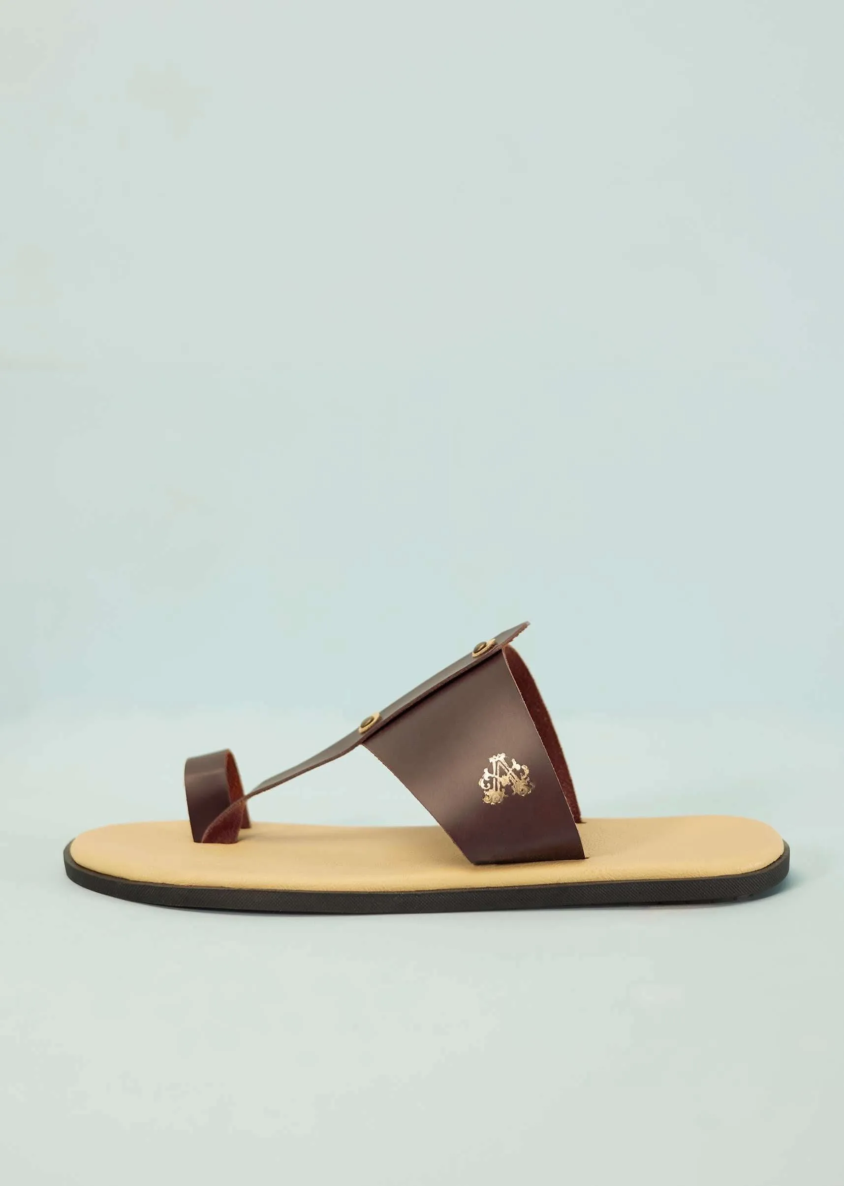 Cream White And Mocha Brown Strappy Slides For Men In Leather With Buttons