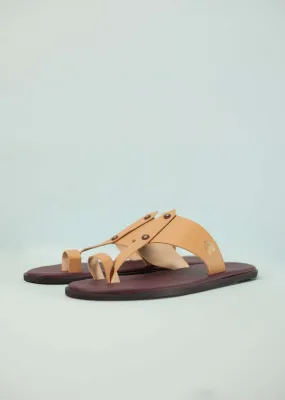Dark Brown And Beige White Strappy Slides For Men In Leather With Buttons