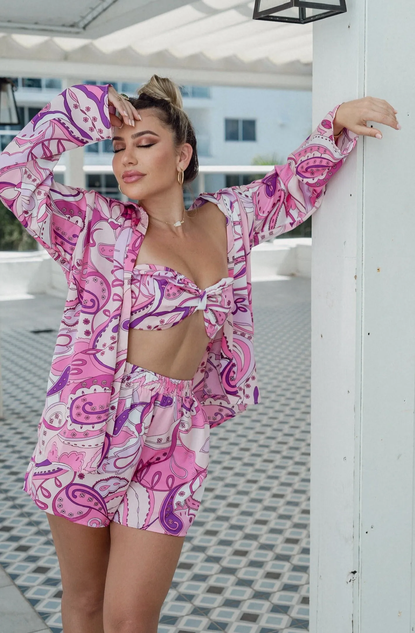 'Gemma' 3 Piece Satin Bandeau and Short Set in Fuchsia Paisley / Multi Print