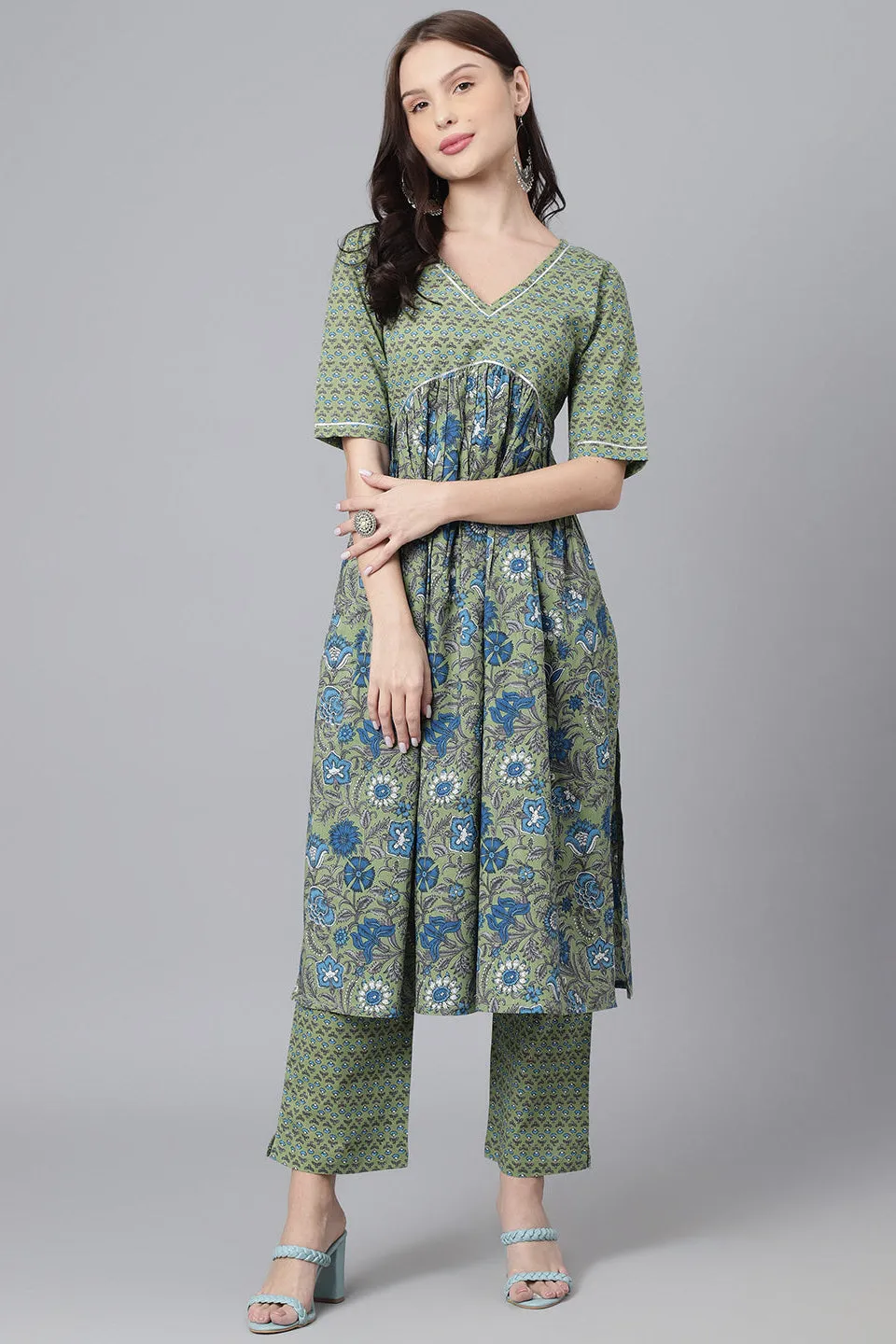 Green Blue Floral Aline Kurta Pant Set
