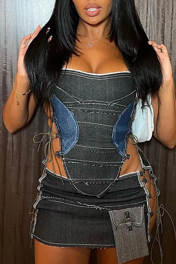 hulianfu Color Block Denim Flirty Strappy Camisole