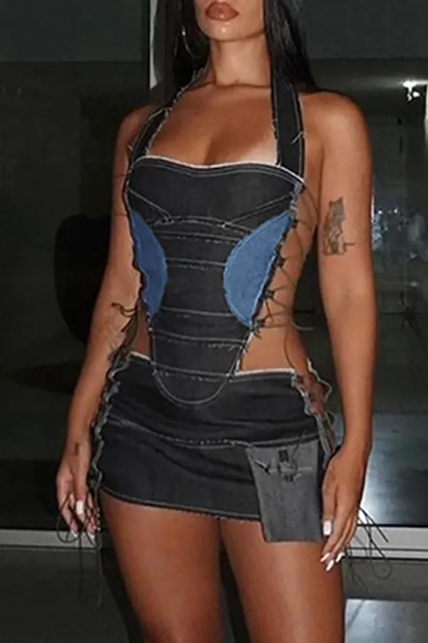 hulianfu Color Block Denim Flirty Strappy Camisole