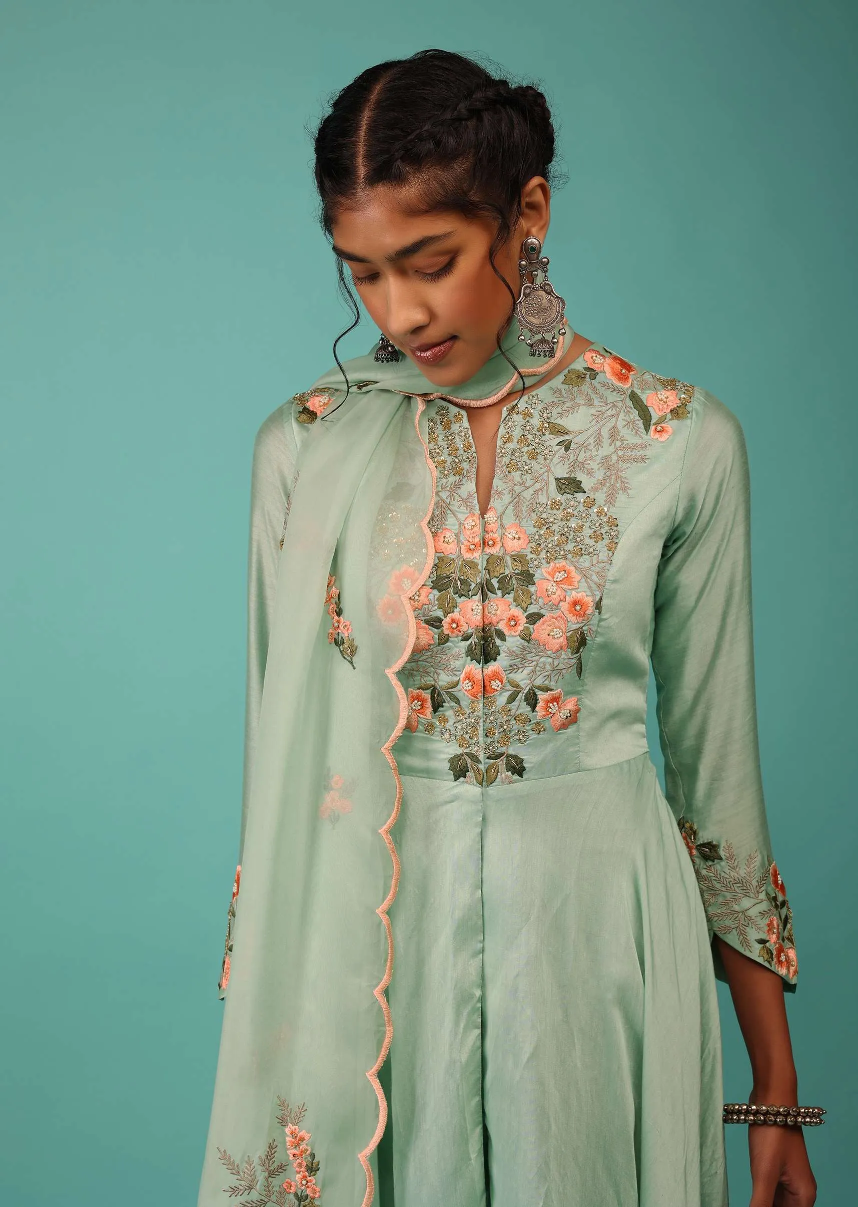 Kalki Dusty Aqua Green Pant Suit Set In Chanderi With Kashmiri Thread Embroidery For Women