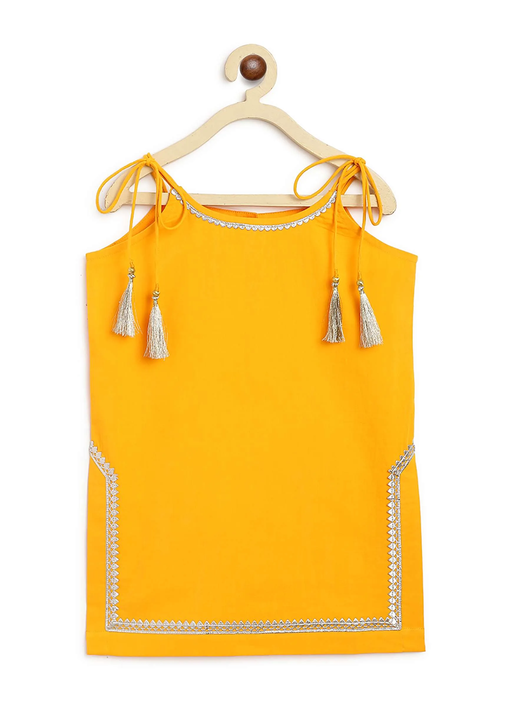 Kalki Girls Yellow Strappy Straight Cut Sharara Suit With Gotta Patti Work And A Tie Dye Dupatta By Tiber Taber