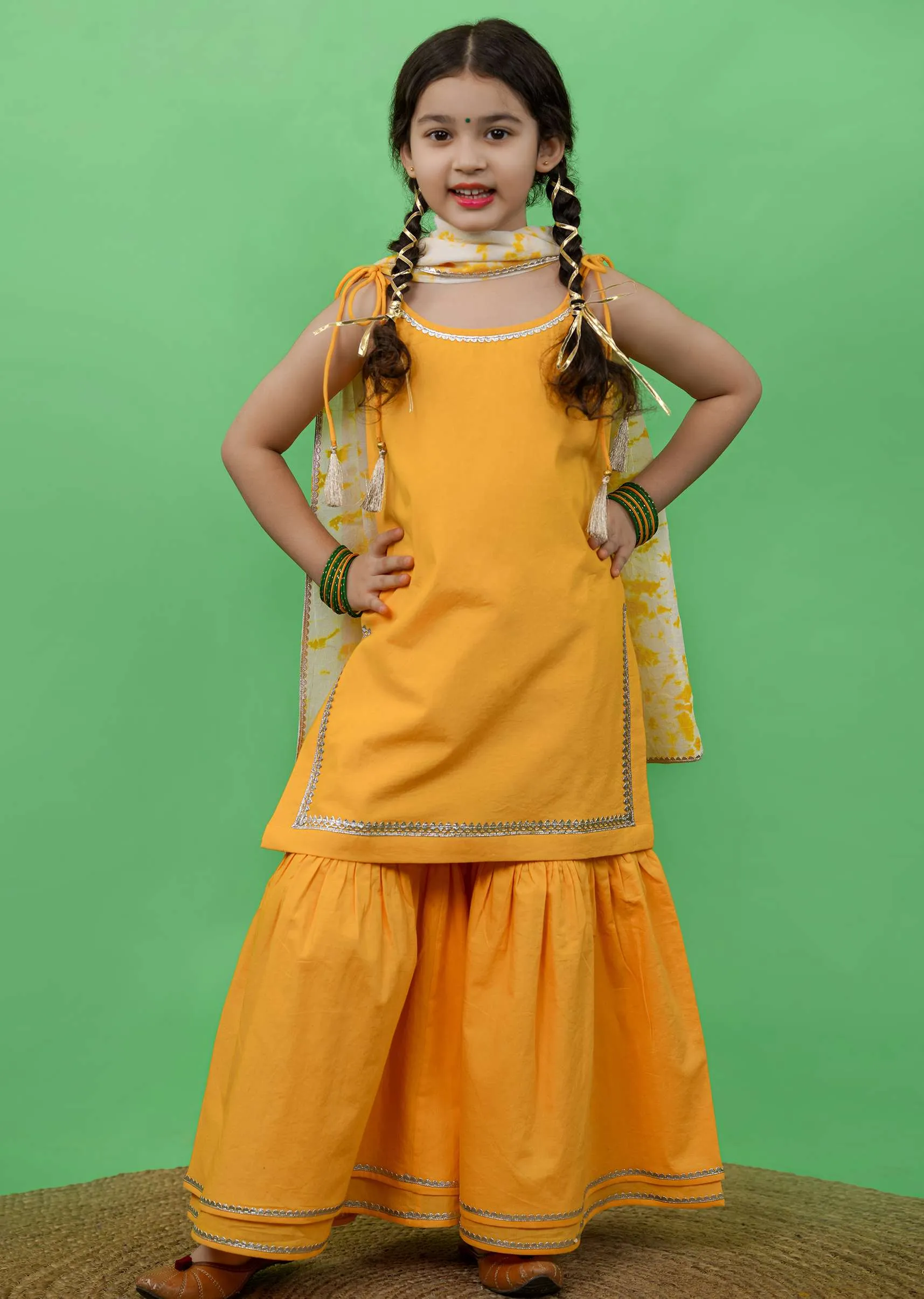 Kalki Girls Yellow Strappy Straight Cut Sharara Suit With Gotta Patti Work And A Tie Dye Dupatta By Tiber Taber
