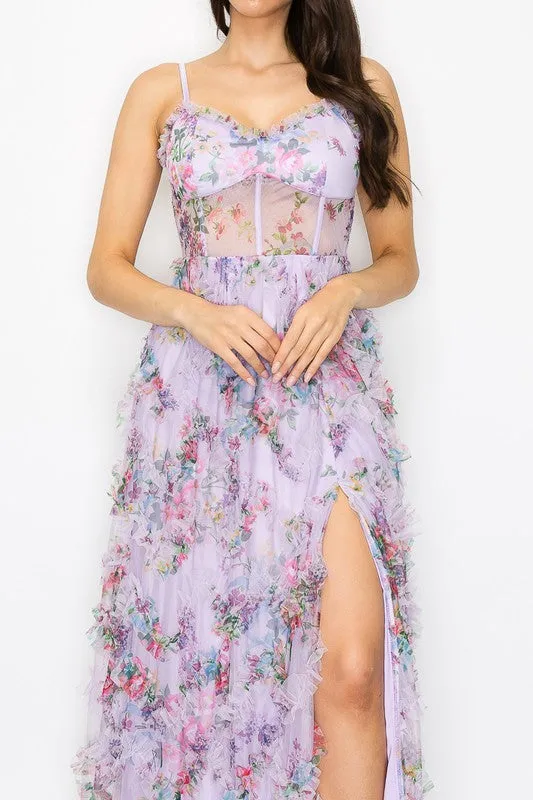 Lilac Floral Maxi Dress With Slit