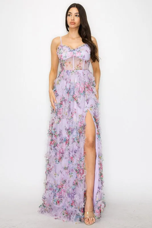 Lilac Floral Maxi Dress With Slit