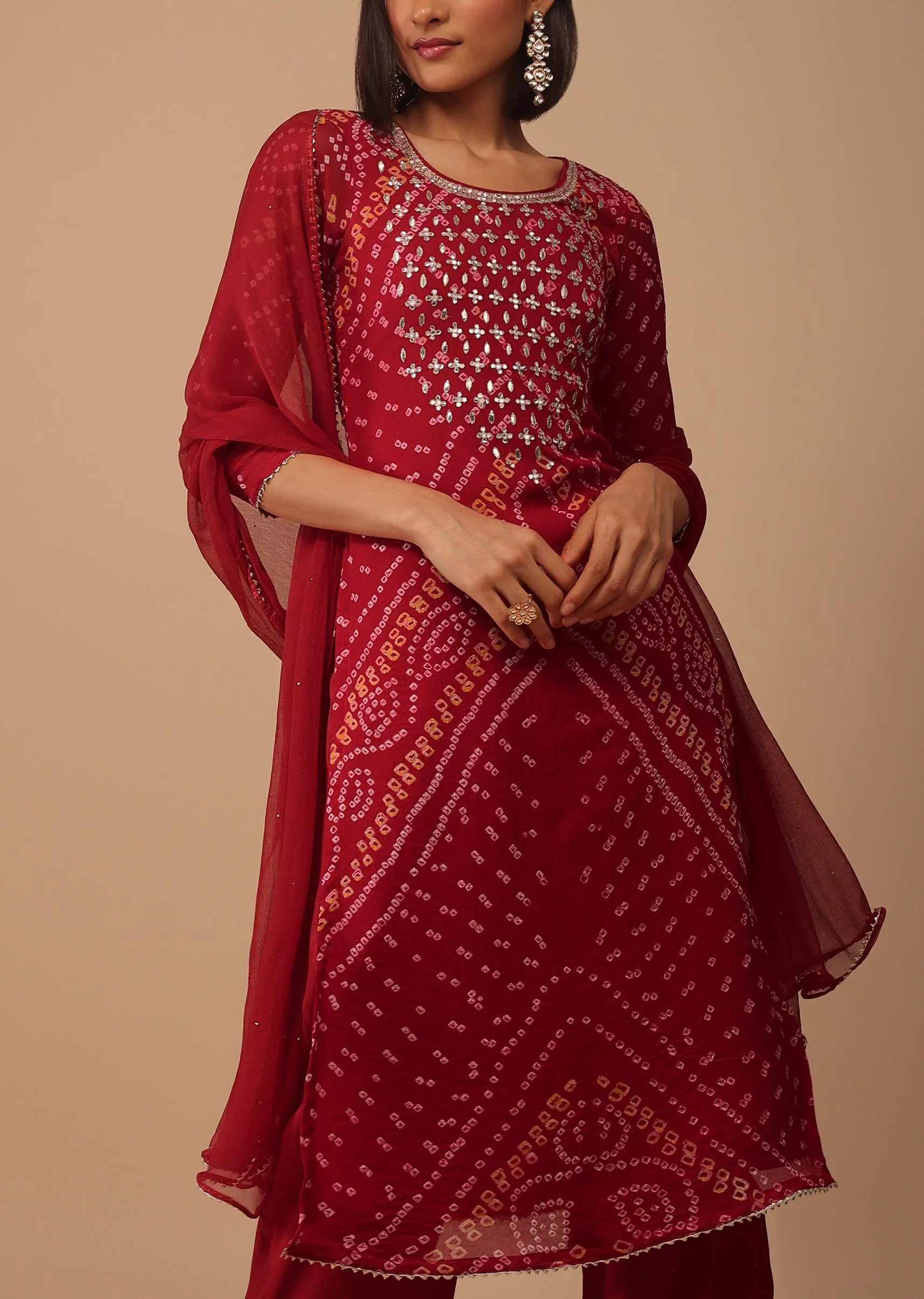 Maroon Red Gotta Embroidered Bandhani Printed Georgette Palazzo Suit With Chiffon Dupatta