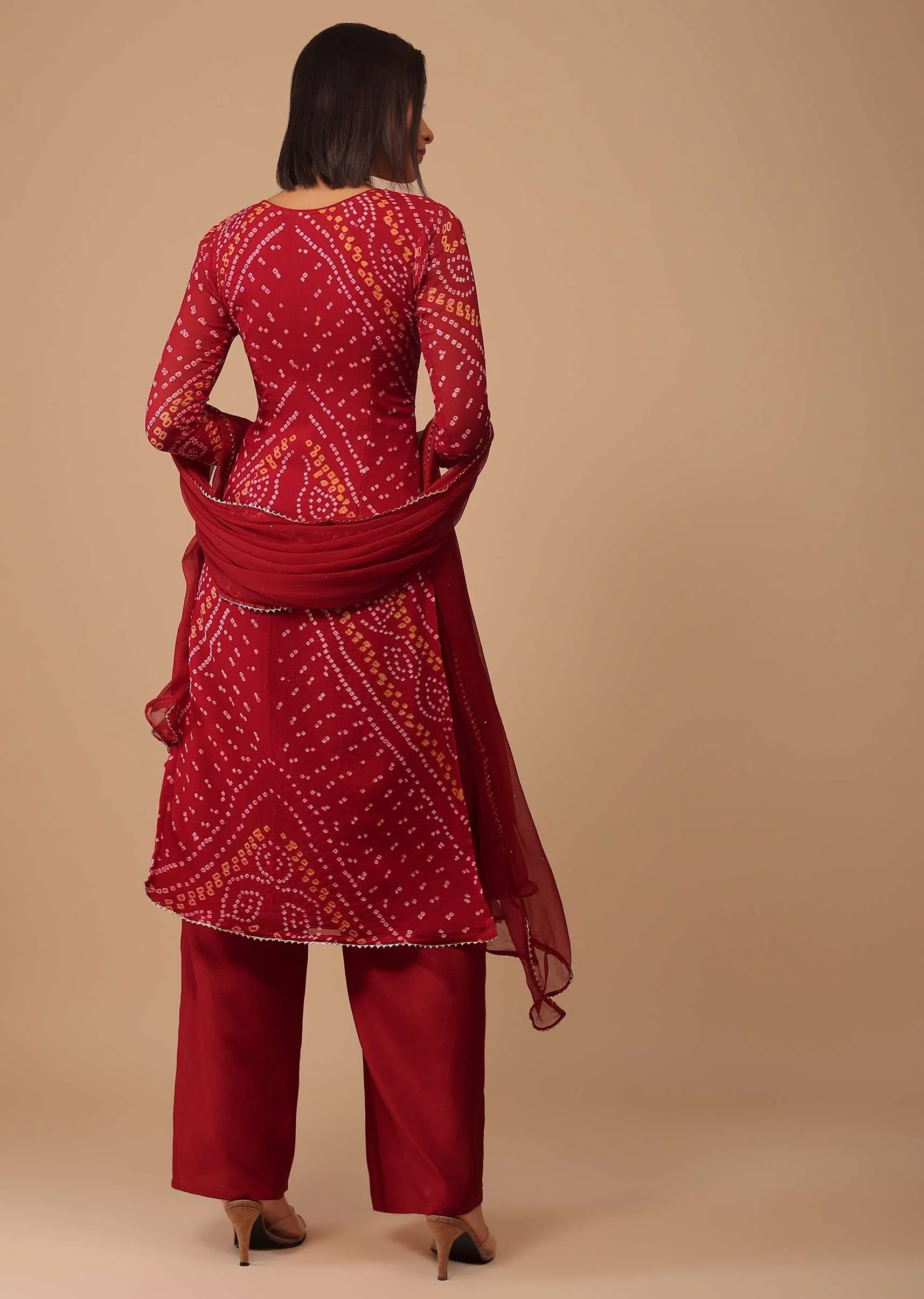 Maroon Red Gotta Embroidered Bandhani Printed Georgette Palazzo Suit With Chiffon Dupatta