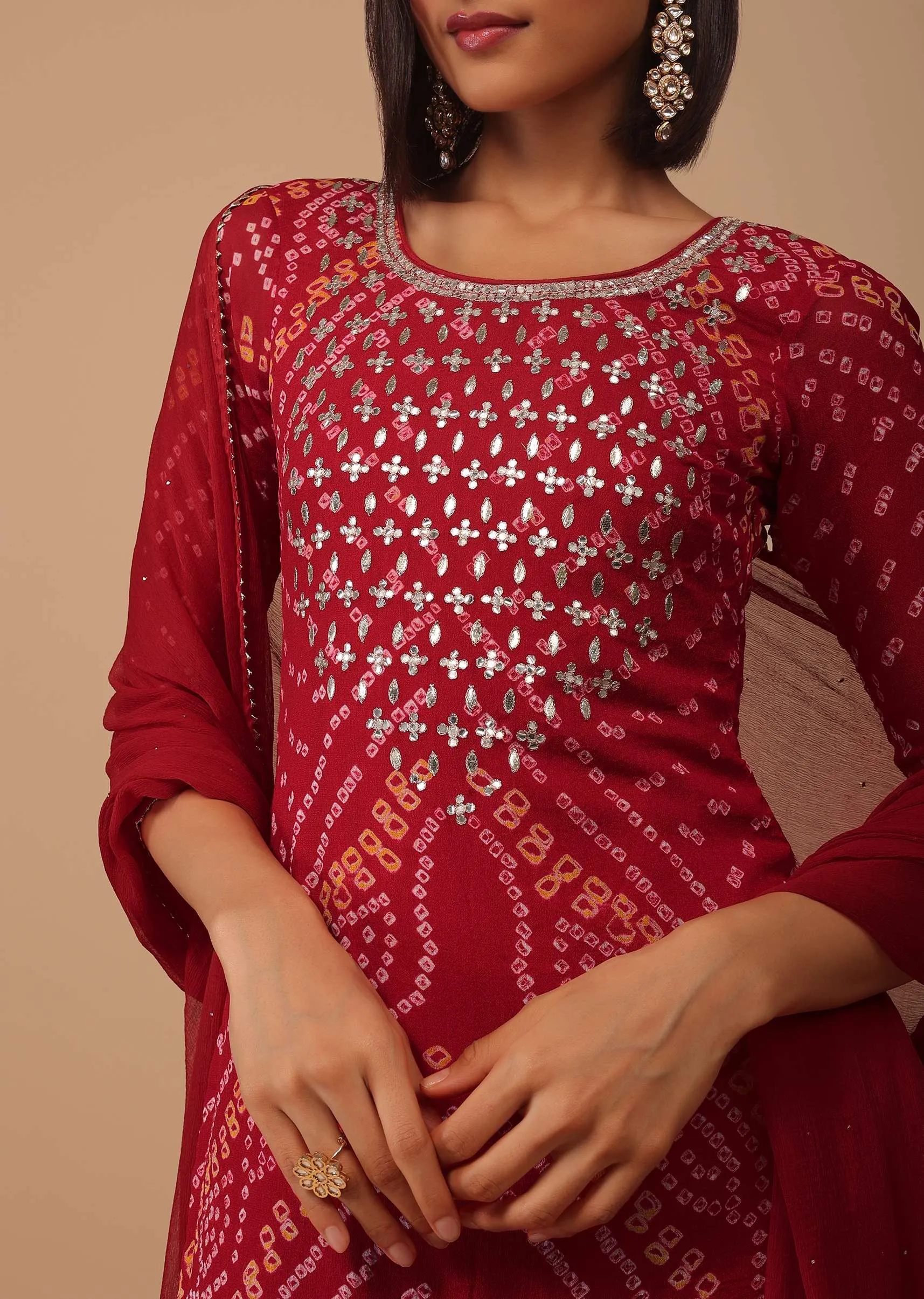 Maroon Red Gotta Embroidered Bandhani Printed Georgette Palazzo Suit With Chiffon Dupatta