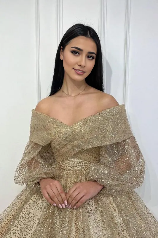 Off Shoulder Long Sleeves Glitter Ankle Length Party  Prom Dresses