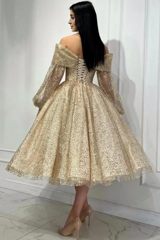 Off Shoulder Long Sleeves Glitter Ankle Length Party  Prom Dresses