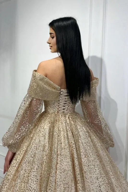 Off Shoulder Long Sleeves Glitter Ankle Length Party  Prom Dresses