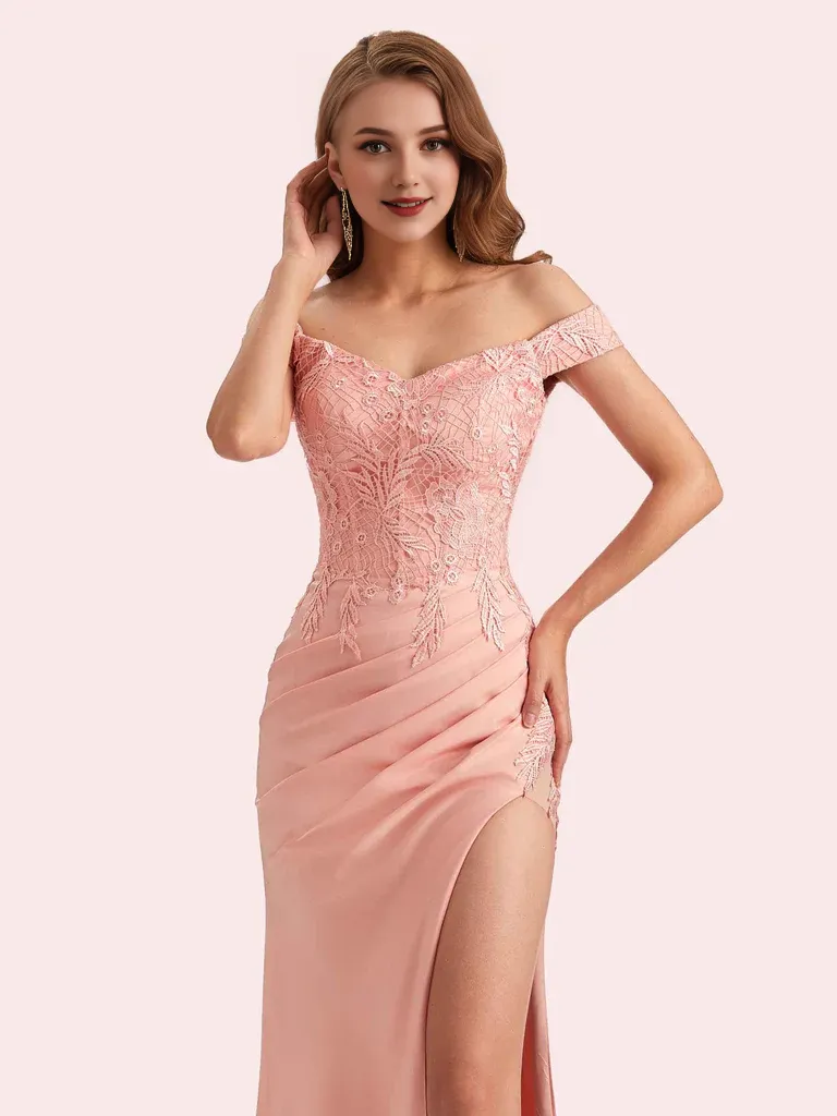 Off Shoulder Mermaid Side Slit Soft Satin Bridesmaid Dresses