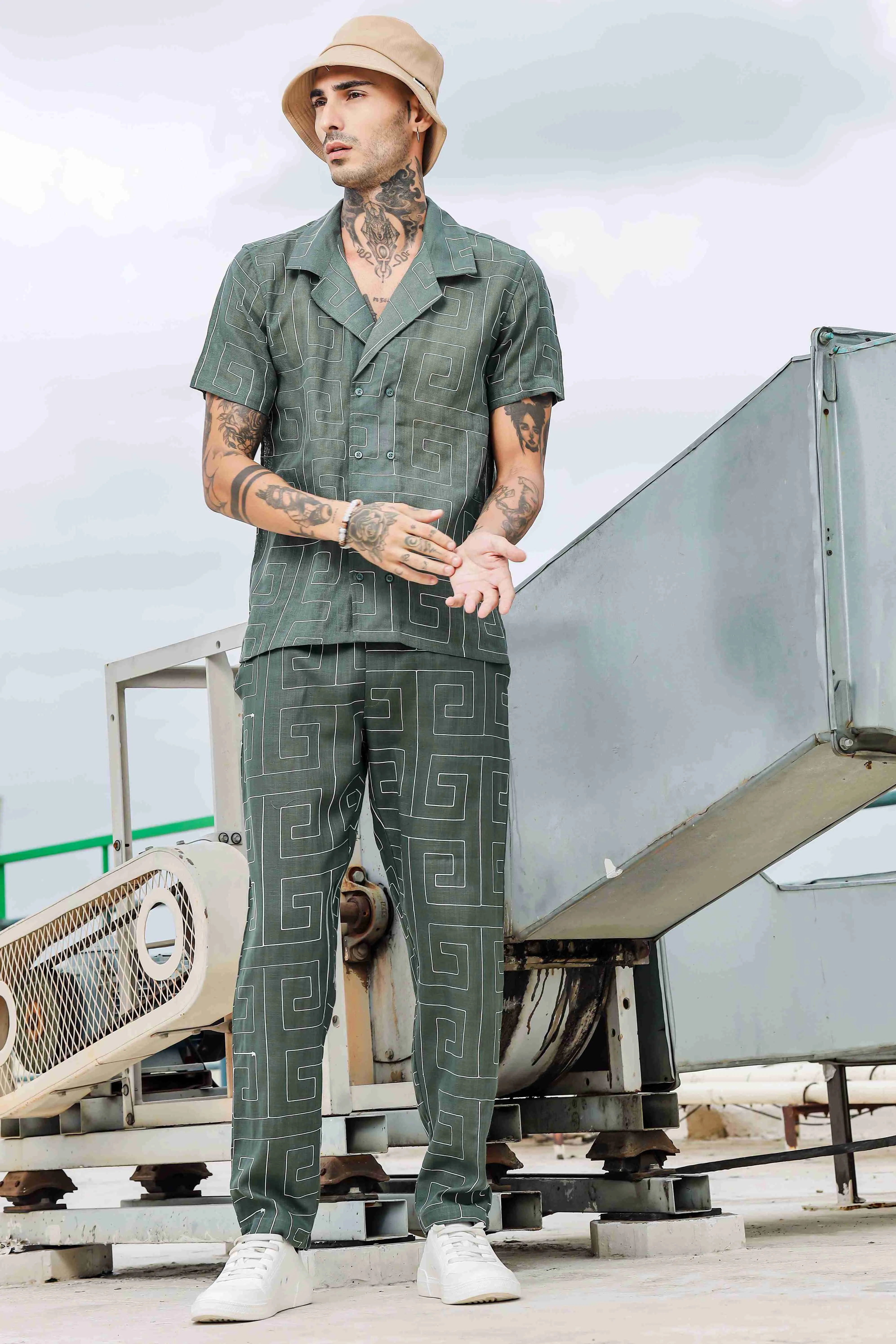 Olive Linen Blend Embroidered Relaxed Fit All Day Pants