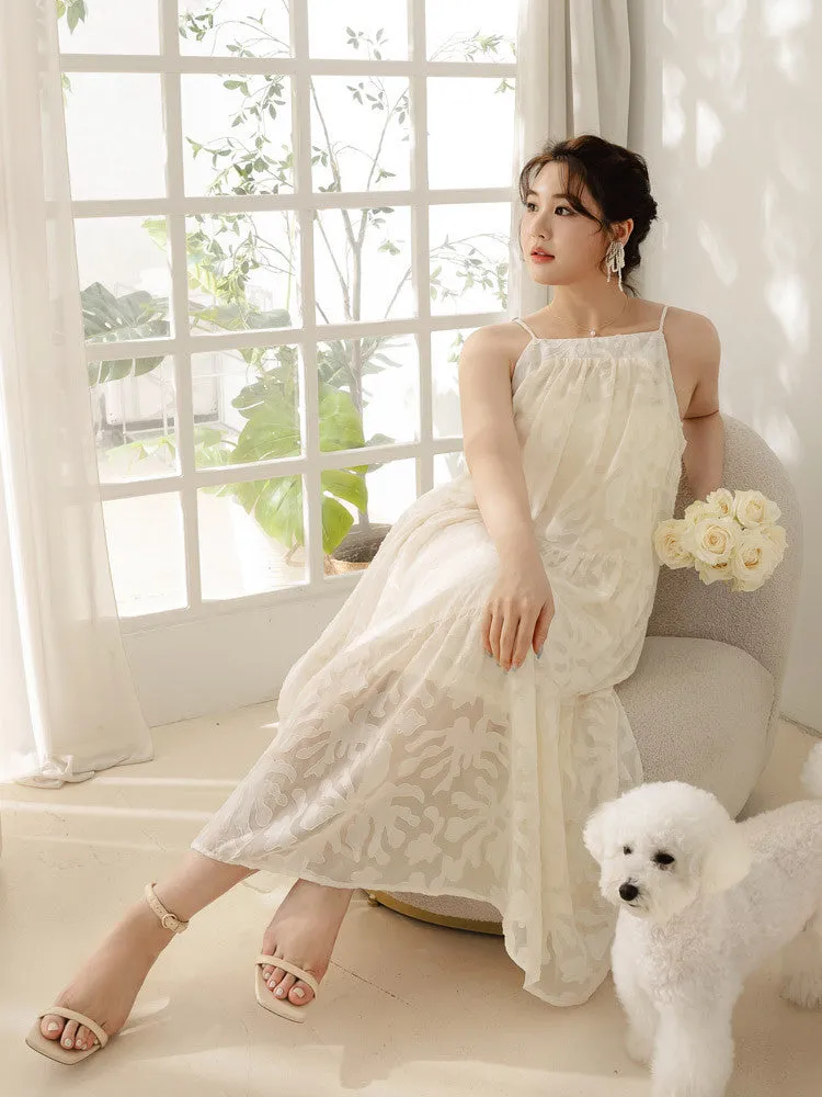 Wedding Party Floral Lace Strap Tiered Long Maxi Dress