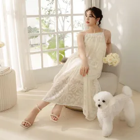 Wedding Party Floral Lace Strap Tiered Long Maxi Dress