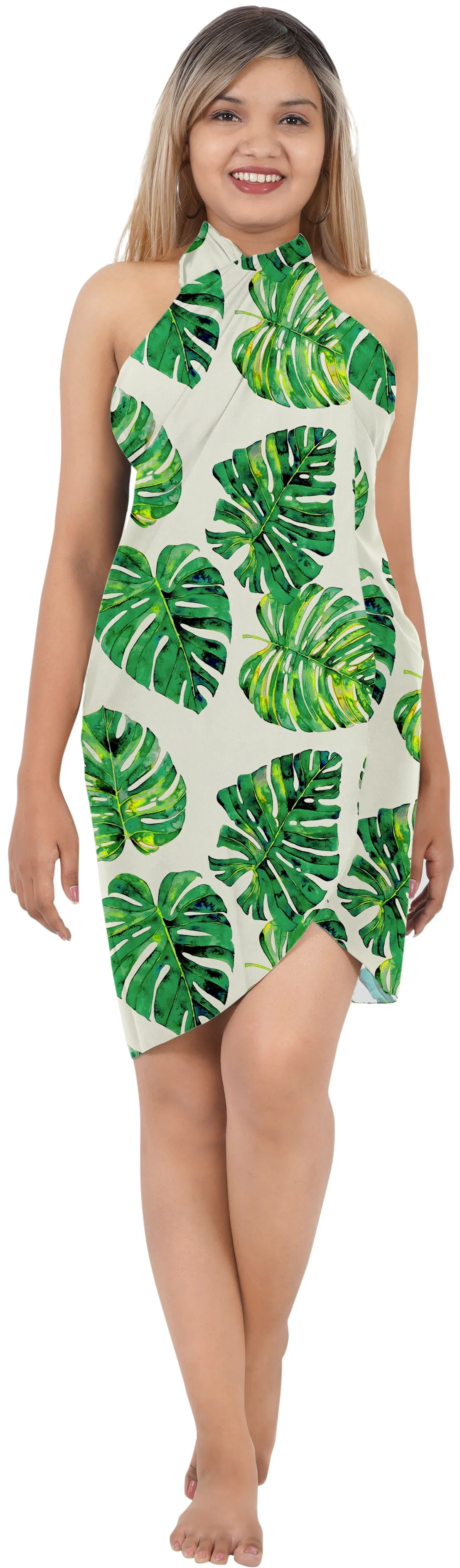 White Allover Tropical Monstera Leaves Print Beach Wrap For Women