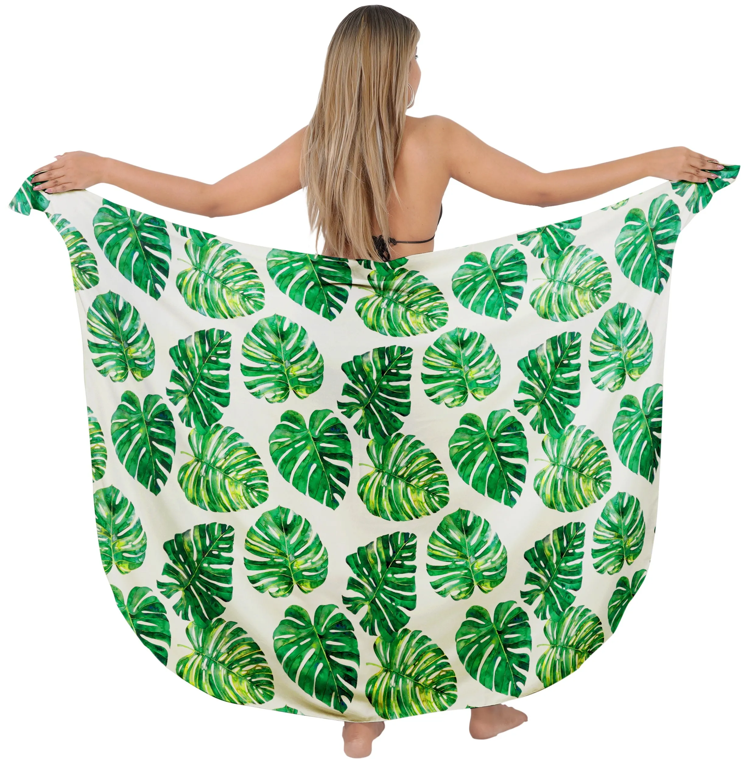 White Allover Tropical Monstera Leaves Print Beach Wrap For Women