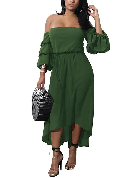 Wholesale Off The Shoulder 3/4 Sleeve Length Plain Backless Irregular Hem Dresses