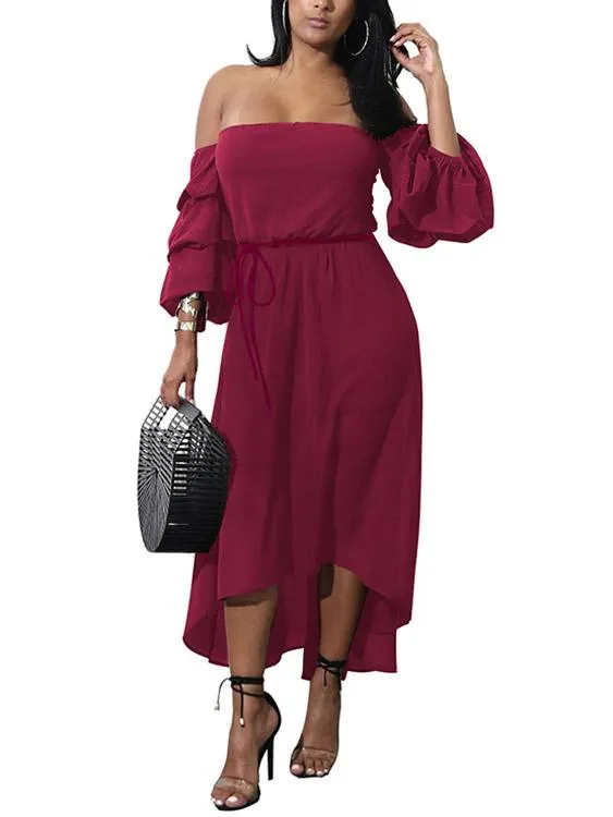 Wholesale Off The Shoulder 3/4 Sleeve Length Plain Backless Irregular Hem Dresses