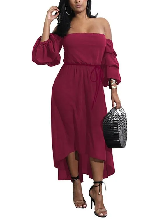 Wholesale Off The Shoulder 3/4 Sleeve Length Plain Backless Irregular Hem Dresses