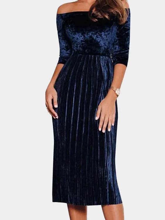 Wholesale Off The Shoulder Pleated Half Sleeve Blue Dress